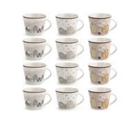 H&H, set 12 tazze te' Snowland, tazze natalizie, decori casette e fiocchi di neve, colorazioni assortite, in porcellana New Bone China, 280 cc