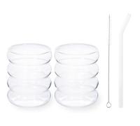 H&H, Set 2 Bicchieri Matcha, in Vetro Borosilicato con 2 Cannucce + 2 Scovolini - Lavabili in Lavastoviglie, Adatti a Microonde, Perfetti per Bevande Calde e Fredde - Idea Regalo Elegante