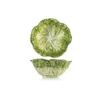 H&H Set 2 Bowl Verza in Stoneware Decorate - Ciotole per Insalata o Dessert - Ceramica Resistente - 17x7h cm - Design Foglia di Verza Elegante