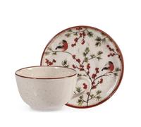 H&H Set 2 Tazze da Tè/Cappuccino con Piattino 200 ml Red Delight - Stoneware con Bacche Rosse e Pettirossi, Ideale per le Feste e l'Inverno