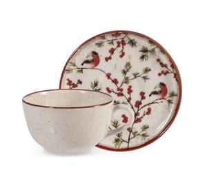 H&H Set 2 Tazze da Tè/Cappuccino con Piattino 200 ml Red Delight - Stoneware con Bacche Rosse e Pettirossi, Ideale per le Feste e l'Inverno