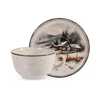 H&H Set 2 Tazze da Tè/Cappuccino in Stoneware 200cc con Piattino - Decoro Silent Snow, Beige Puntinato con Bordo Nero, Paesaggio Montano Innevato con Casette, Perfette per l’Inverno