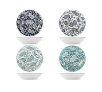 H&H, Set 4 Piatti Fondi Victoria in Porcellana con Rose - 4 Colori Assortiti, 20 cm, Adatti al Lavaggio in Lavastoviglie e Uso in Microonde