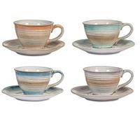 H&H Java Set 4 Tazze Tè con Piattino, Stoneware, Colori Assortiti, 180 ml