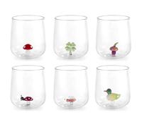H&H, Set 6 Bicchieri in Vetro Borosilicato 46 cl con Miniature Interne Assortite - Fungo, Quadrifoglio, Coccinella, Ape, Anatra, Ghianda - Lavabili in Lavastoviglie