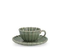 H&H Set 6 Tazze Caffè con Piattino 120 cc in Stoneware Verde - Tazzine Espresso con Piattini, Design a Rilievo Effetto Petalo, Lavastoviglie e Microonde