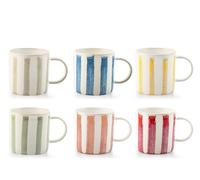 H&H-Set di 6 Mug Lima in Stoneware - Colori Assortiti 380 cc, Adatte per Lavastoviglie e Microonde, Design Artigianale con Base Color Panna e Righe Colorate