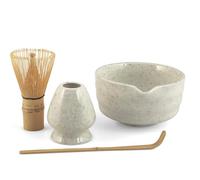 H&H, Set per Tè Matcha 4 Pezzi - Frusta in Bambù, Supporto in Porcellana, Ciotolina e Cucchiaio per Dosaggio - Set Completo per la Preparazione del Matcha - Idea Regalo Perfetta per Amanti del Tè