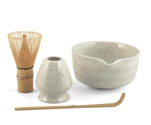 H&H, Set per Tè Matcha 4 Pezzi - Frusta in Bambù, Supporto in Porcellana, Ciotolina e Cucchiaio per Dosaggio - Set Completo per la Preparazione del Matcha - Idea Regalo Perfetta per Amanti del Tè