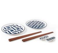 H&H Set Sushi 8 Pezzi, Tsubaki in Porcellana Decorata - 2 Piattini 15 cm + 2 Coppie Bacchette in Legno + 2 Appoggia Bacchette, Idoneo per Lavastoviglie e Microonde