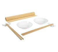 H&H Set Sushi in Bambù 21x25 cm - Tovaglietta per Maki, 2 Ciotoline in Porcellana, 2 Paia di Bacchette, 2 Porta Bacchette - Lavabili in Lavastoviglie e Microonde