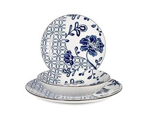 H&H Seta Servizio Tavola, 18 Piatti, Porcellana, Blu e Bianco