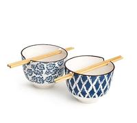 H&H Seta Set 2 Boli in Porcellana con Bacchette in Legno, Decori Assortiti, 13xH10cm, Blu e Bianco, 13cm