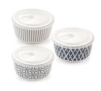 H&H Seta Set 3 Contenitori in Porcellana con Coperchio in Plastica, Decori Assortiti, 13xH7cm