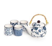 H&H Seta Set 5 Pezzi in Porcellana, Bicchierini + Teiera 500cc, Blu e Bianco