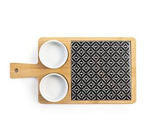 H&H Tagliere in Bambù con Inserto in Stoneware Decorato e 2 Coppette in Porcellana Decorata cm 17x32