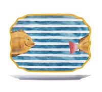 H&H, Vassoio Marea in Melamina Decorata - 45x33 cm - Righe Bianche e Ottanio, Bordo Giallo, Decoro Pesce - Lavabile in Lavastoviglie