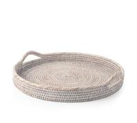 H&H Vassoio Rotondo con Manici in Rattan Sbiancato - Ø 42x6h cm - Vassoio in Fibra Naturale Intrecciata - Elegante e Resistente - Per Servire o Decorare