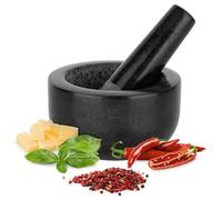 H&S Mortaio con Pestello in Granito - Ø 12 x 7 cm - Mortaio per Pesto - Utensili Cucina per Tritare Noci e Erbe Aromatiche - Stabile con Piedini Antiscivolo e Antigraffio - Nero