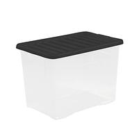 H-WHAM | Box di alta qualità da 80 l, 60 x 40 cm, con coperchio | A norma alimentare, sicura chiusura a clip, impilabile, atossico | Baule trasportabile, box per stoccaggio, baule per stoccaggio, scatola portaoggetti, box impilabile, contenitore, scatola di plastica | Colore: trasparente