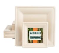 HAAGO 90 Set di piatti quadrati in bagassa di canna da zucchero - ecologici come i piatto di carta, biodegradabili e compostabili in casa, piatti monouso per feste - 15 cm e 26 cm, 45 pezzi ciascuno