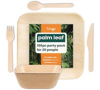 HAAGO - Set di Piatti e Posate in Foglie di Palma da 100 Pezzi (20 Piatti Quadrati (22 cm), 20 Ciotole Quadrate (450 ml), 20 Coltelli, 20 Forchette, 20 Cucchiai) Adatto al Microonde
