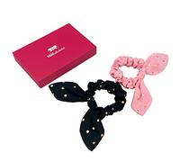 HAARallerliebst Scunchies - Elastici per capelli (fiocco con pois | rosa e nero | 2 pezzi) per bambine con scatola per conservare