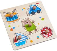 HABA 304608 - Giocattoli puzzle avvincenti, puzzle in legno da 5 pezzi con motivi giocattolo e grandi bottoni in legno antiscivolo, giocattoli in legno da 12 mesi