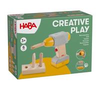 HABA Creative Play - Trapano giocattolo in legno per bambini dai 3 anni in | Trapano per legno realistico con batteria rimovibile, mandrino girevole e set di punte intercambiabili