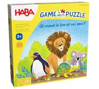 HABA Game Meets Puzzle - Dove vivono Il Leone e i Suoi Amici? 2011724002 - Gioco di dadi & Puzzle in Uno - 4 Puzzle con 4 Grandi Figure in Legno di Animali - a partire dai 3 anni - 2011724002