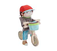 HABA Lian 2011905001 - Bicicletta da corsa in legno con bambola Lian, casco da bicicletta e cestino per bicicletta, bicicletta con doppia ruota per una posizione sicura