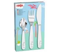HABA Posate dinosauro - Posate per bambini in acciaio inox con motivo Dino - Set di forchetta, coltello e cucchiaio - Lavabile in lavastoviglie - A partire dai 12 mesi - 2012819005