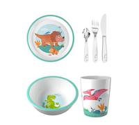 HABA Set di stoviglie unisex da 4 pezzi, ciotola, piatti, tazze e posate - Dino, taglia unica