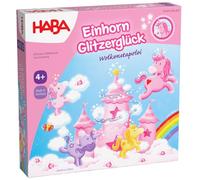 HABA Unicorno Glitter Felice - Gioco impilabile per Bambini con unicorni, Nuvole di Legno e 10 Cristalli di Nuvola Scintillanti, dai 4 Anni in su, 2012232001