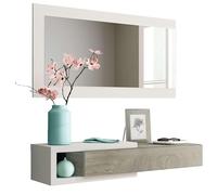 Habitdesign Ingresso con cassetto e specchio, mobile da ingresso, modello Noon, finitura bianca Artik e rovere Alaska, dimensioni: 95 cm (larghezza) x 19 cm (altezza) x 26 cm (profondità)