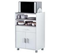 Habitdesign Mobile ausiliario da cucina con ruote, mobile a microonde, armadio con 1 cassetto e 2 porte, finitura bianca Artik e cemento, dimensioni: 59 cm (altezza) x 92 cm (fondo) x 40 cm (fondo)