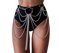 HABNI Rave Catena Per Il Corpo A Strati In Pelle Nera, Catena Argento, Accessori Disco, Gioielli Per Donne E Ragazze, Dimensione Standard, 1 Pezzo