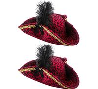 Haconba Confezione da 2 cappelli da pirata a tricorno da bucaniere, cappello da donna con piuma, per feste a tema pirata, cosplay, accessori in maschera, rosso, L