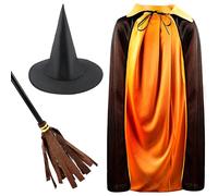 Haconba Set di 3 mantelli da strega per bambini, con mantello reversibile da mago, cappello da strega e scopa, per Halloween e cosplay