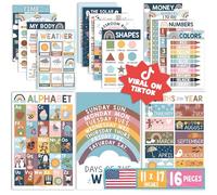 Hadley Designs 16 poster educativi Boho per bambini più piccoli, poster per insegnanti per aule elementari, poster di apprendimento pre-K per bambini 1-3