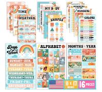 Hadley Designs 16 poster educativi per decorazione in classe, poster di apprendimento per bambini dai 1 ai 3 anni, alfabeto per parete in lementi essenziali per l'asilo, poster per la scuola