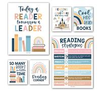 Hadley Designs 6 poster di lettura bohémien per decorazioni per la scuola e la biblioteca per la scuola, set di bacheche di lettura per aule, decorazione per angolo di lettura per classe, leggere