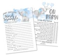 Hadley Designs Giochi per baby shower per 25 ospiti - Blue Elephant Boy Baby Shower Games Word Scramble, True or False Babyshower Game Boy, Gender Reveal Game, Made in USA