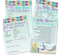 Hadley Designs Giochi per baby shower per 25 ospiti - Previsioni e consigli per bambini con sirena per i nuovi genitori, gioco a quiz, Word Scramble, giochi per baby shower veri o falsi per ragazze