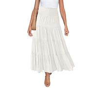 HAEOF Gonna lunga estiva da donna, stile boho, alla moda, con coulisse, elasticizzata, a vita alta, plissettata, a strati, linea ad A, da spiaggia, bianco, M