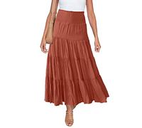 HAEOF Maxi gonna estiva da donna, stile boho, alla moda, con punto smock in vita, volant, linea A, casual, da spiaggia, gonna lunga, Caramello, S