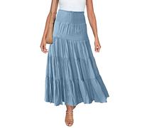 HAEOF Maxi gonna estiva da donna, stile boho, alla moda, con punto smock in vita, volant, linea A, casual, da spiaggia, gonna lunga, Azzurro, XL