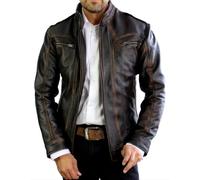 Hafsah Giacca da moto in vera pelle per uomo - Nero invecchiato - Giacca in vera pelle con strisce dorate vintage, Marrone invecchiato, XXL