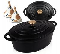 HAGE Casseruola con coperchio, in ghisa smaltata, ovale, 6 l, 34 cm, nero | Rostiera per oca e pane per anatra, pollo e arrosto domenica, adatta per induzione e forno