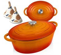 HAGE Rostiera con coperchio in ghisa smaltata, ovale, 6 l, 34 cm, arancione | Rostiera per oca e pane per anatra, pollo e arrosto domenica, adatta per induzione e forno